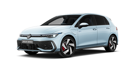 Seitlich frontale Ansicht eines VW Golf GTE in blau-silber