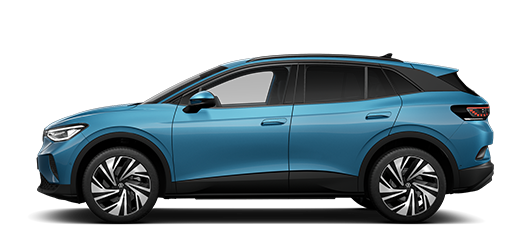 Seitliche Ansicht des ID.4 in Costa Azul blau