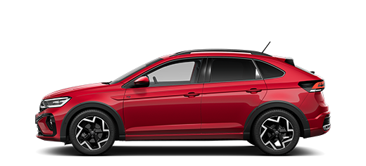 Seitliche Ansicht des VW Taigo in rot