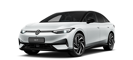 Schräge Frontansicht des ID.7 in Gletscherweiß Metallic