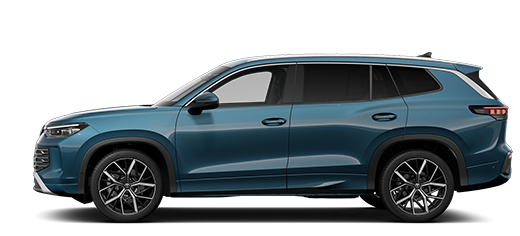 Seitliche Ansicht des VW Tayron in blau