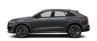 Daytona siv Audi RS Q8, stranski pogled, prikazuje visoko zmogljiv SUV z izrazitimi linijami, črnimi in rdečimi platišči ter zatemnjenimi stekli.