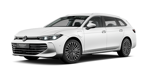 Schräge Frontansicht des Passat eHybrid in Oryxweiß Perlmutteffekt