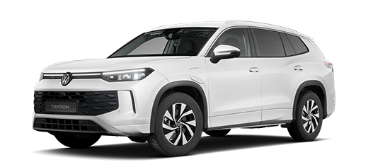 Schräge Frontansicht eines Tayron Plug-in-Hybrid in Oryxweiß