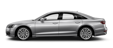 Audi A8 LWB v srebrni barvi, stranski pogled, prikazuje podaljšano limuzinsko karoserijo z več prostora za zadnje potnike.
