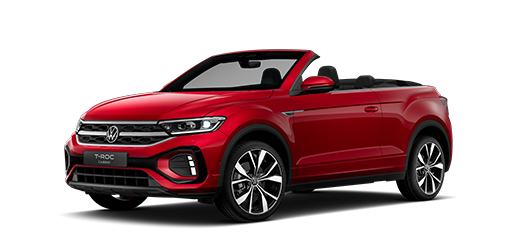 Schräge Frontansicht des T-Roc Cabriolets in Rauchgrau Metallic