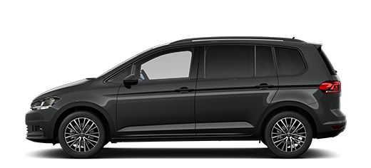 Seitliche Ansicht des VW Touran in dunkel grau.