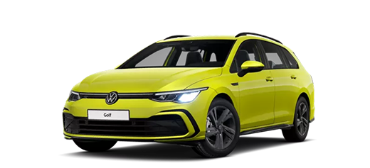 Schräge Frontansicht des Golf Variant in gelb