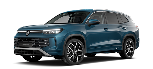 Seitlich frontale Ansicht des VW Tayron in blau