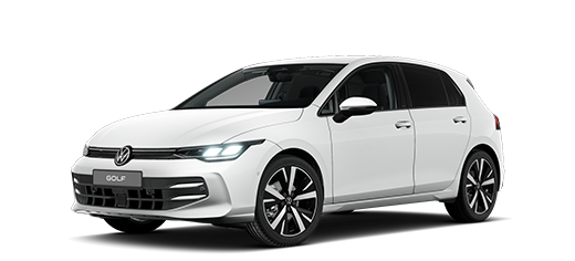 Seitlich frontale Ansicht eines VW Golf in weiß