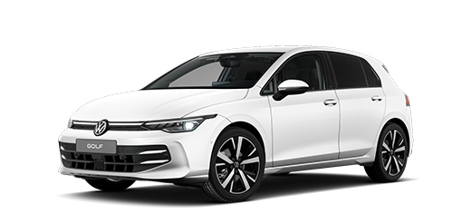 Seitlich frontale Ansicht eines VW Golf in weiß