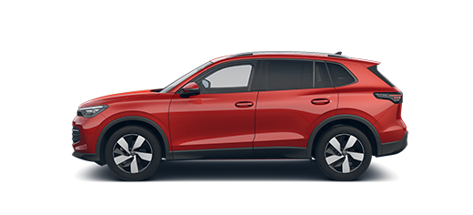 Seitliche Ansicht des VW Tiguan eHybrid in rot