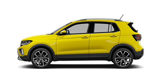 Seitliche Anscht eines VW T-Cross in gelb 