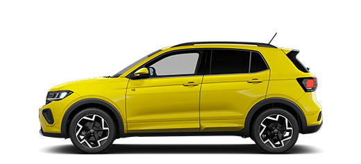 Seitliche Anscht eines VW T-Cross in gelb 