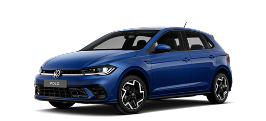 Seitlich-frontale Ansicht des VW Polo in blau