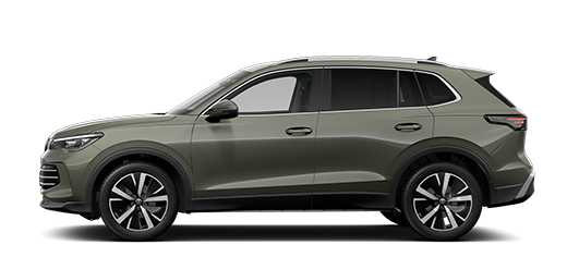 Seitliche Ansicht des Tiguan in Cipressino-Grün Metallic
