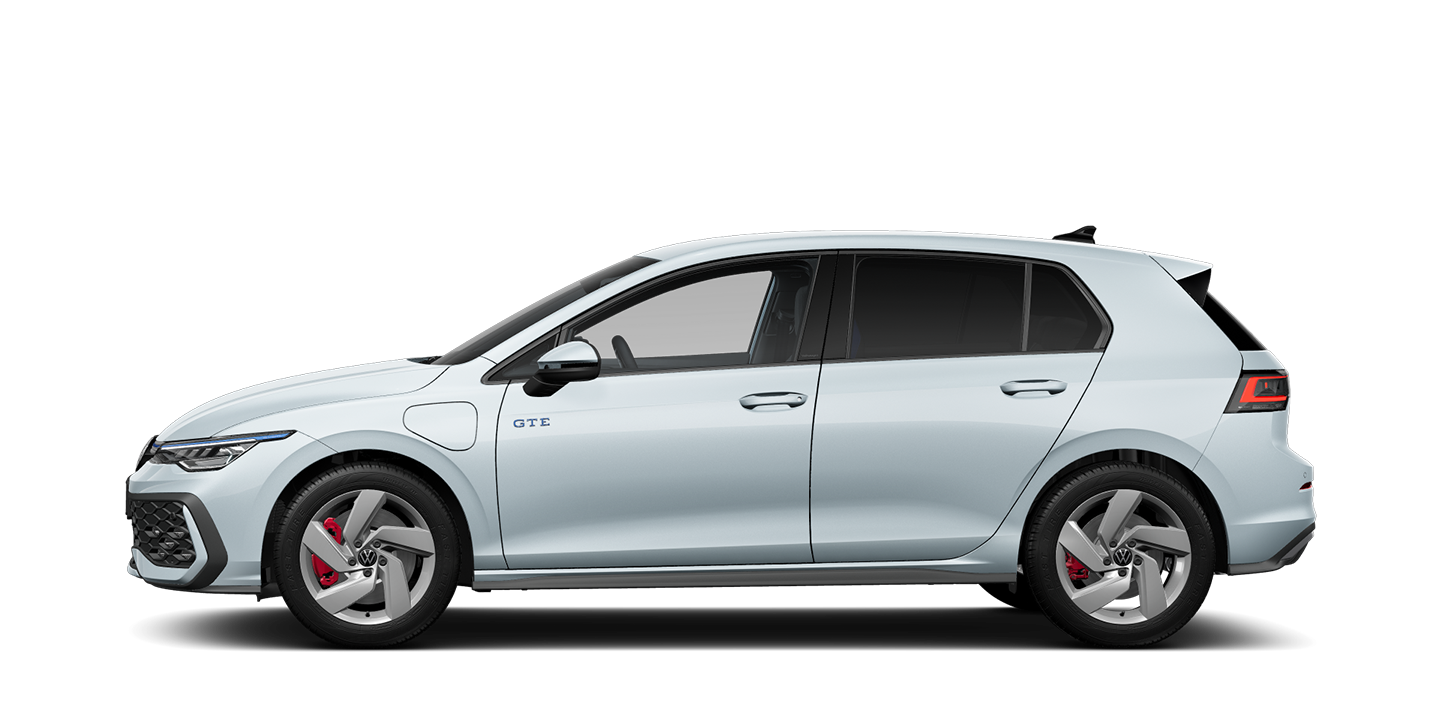 Seitliche Ansicht des Golf GTE in Crystal Ice Blue Metallic