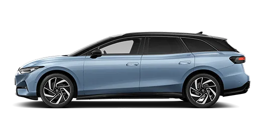 Seitliche Ansicht des ID.7 Tourer in Stonewashed Blue Metallic