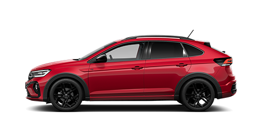 Seitliche Ansicht des VW Taigo in rot
