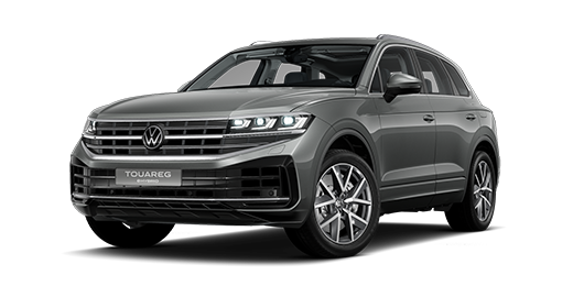 Schräge Frontansicht des Touareg eHybrid in Siliziumgrau Metallic