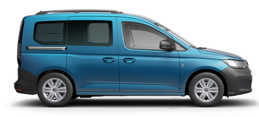 Seitliche Ansicht des Caddy California in Costa Azul Metallic
