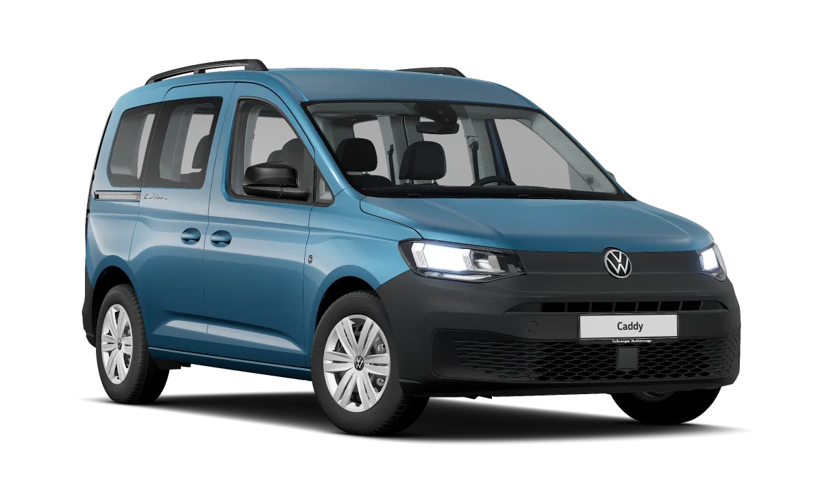 Der Caddy California in Blau Front.