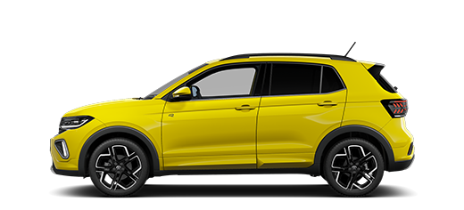 Seitliche Anscht eines VW T-Cross in gelb 