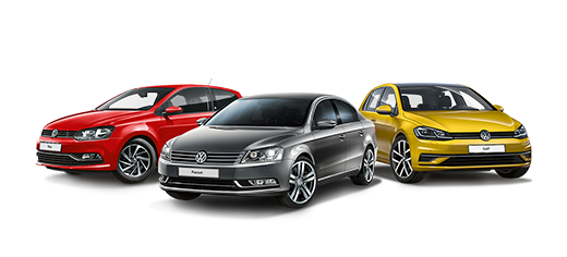 Abbildung zeigt drei Vorgängermodelle von Volkswagen in rot, grau und gelbgold