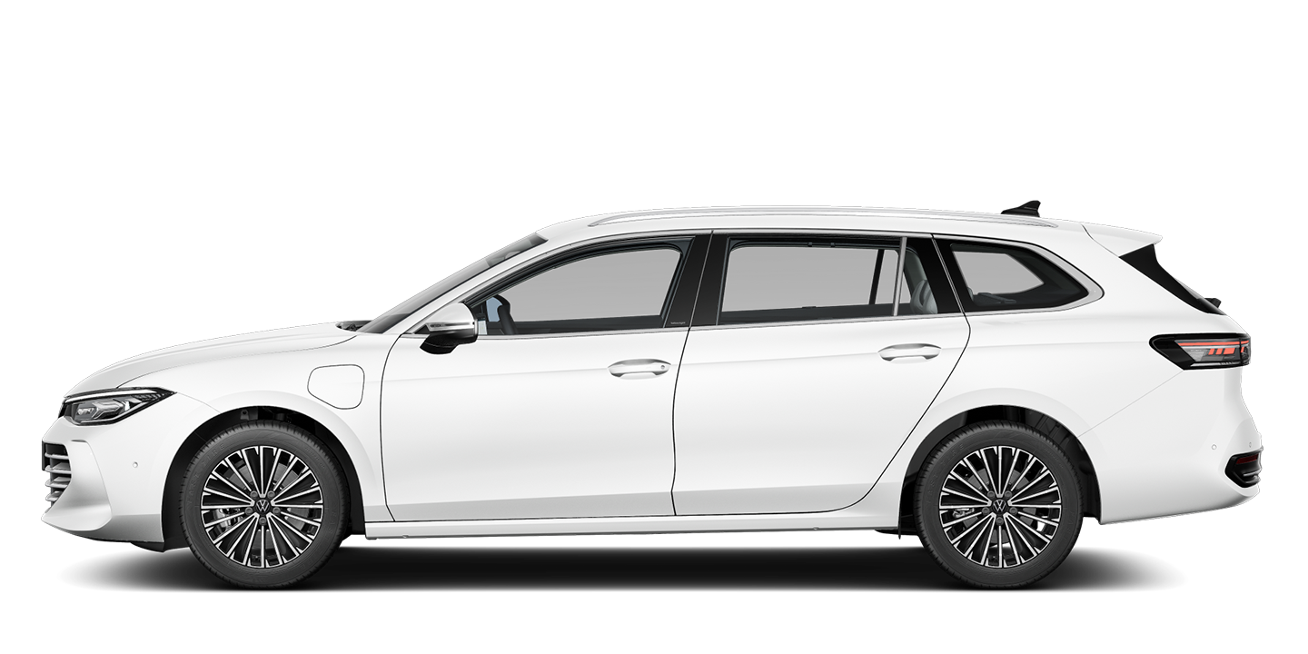 Seitliche Ansicht des Passat eHybrid in Oryxweiß Perlmutteffekt