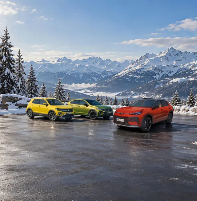 Volkswagen T-Cross, Taigo и T-Roc паркирани в планината, сред заснежени върхове и иглолистна гора.