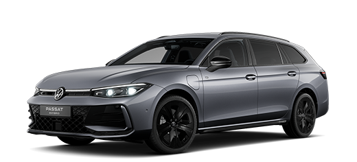 Seitlich frontale Ansicht eines VW Passat eHybrid R-Line